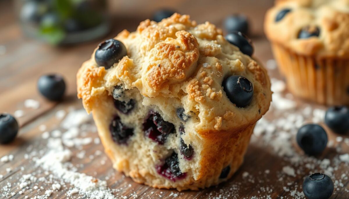  
"Close-up of a sourdough blueberry muffin with a golden crust and juicy blueberries peeking through, placed on a rustic plate with a sprinkle of flour in the background."