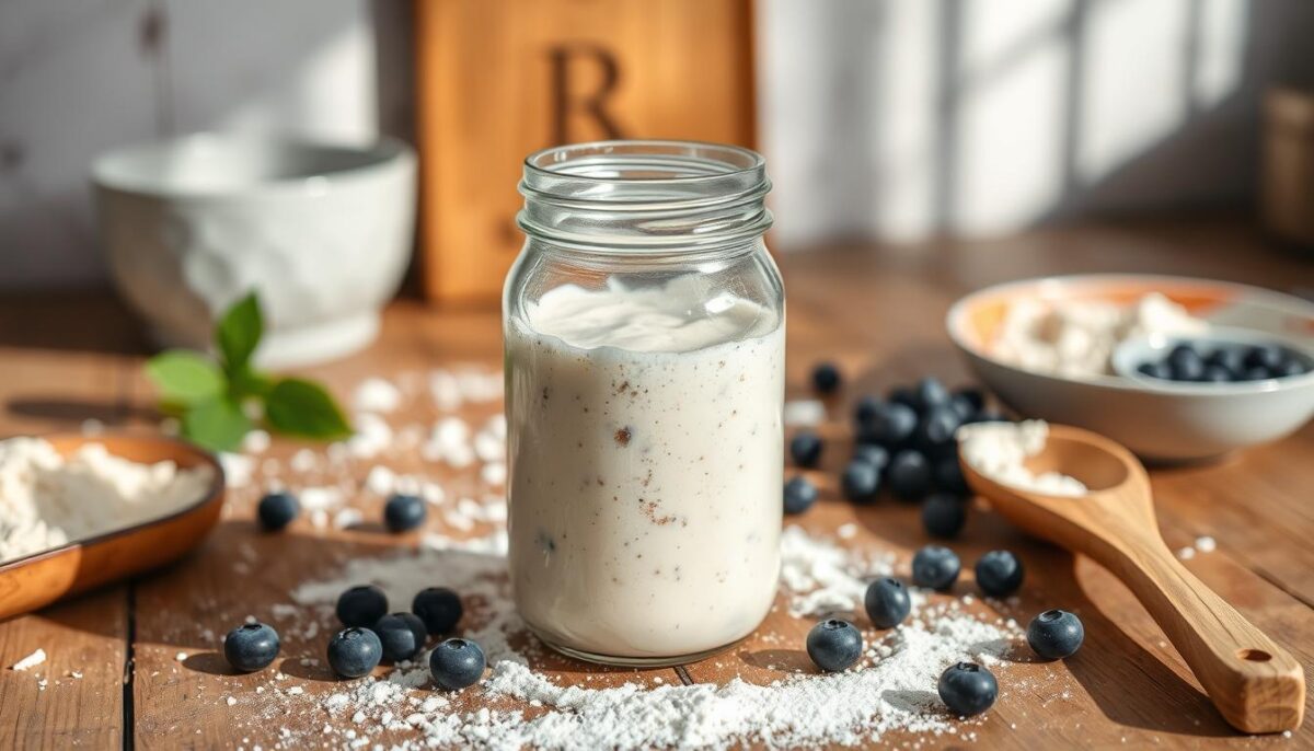 "A rustic table setting featuring a bottle of sourdough starter, fresh blueberries, and a ball of sourdough dough, showcasing the key ingredients for making sourdough blueberry muffins."