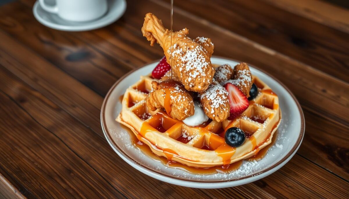 "A plate of Chicago-style Chicken and Waffles featuring golden, crispy fried chicken resting on fluffy waffles, drizzled with maple syrup ."