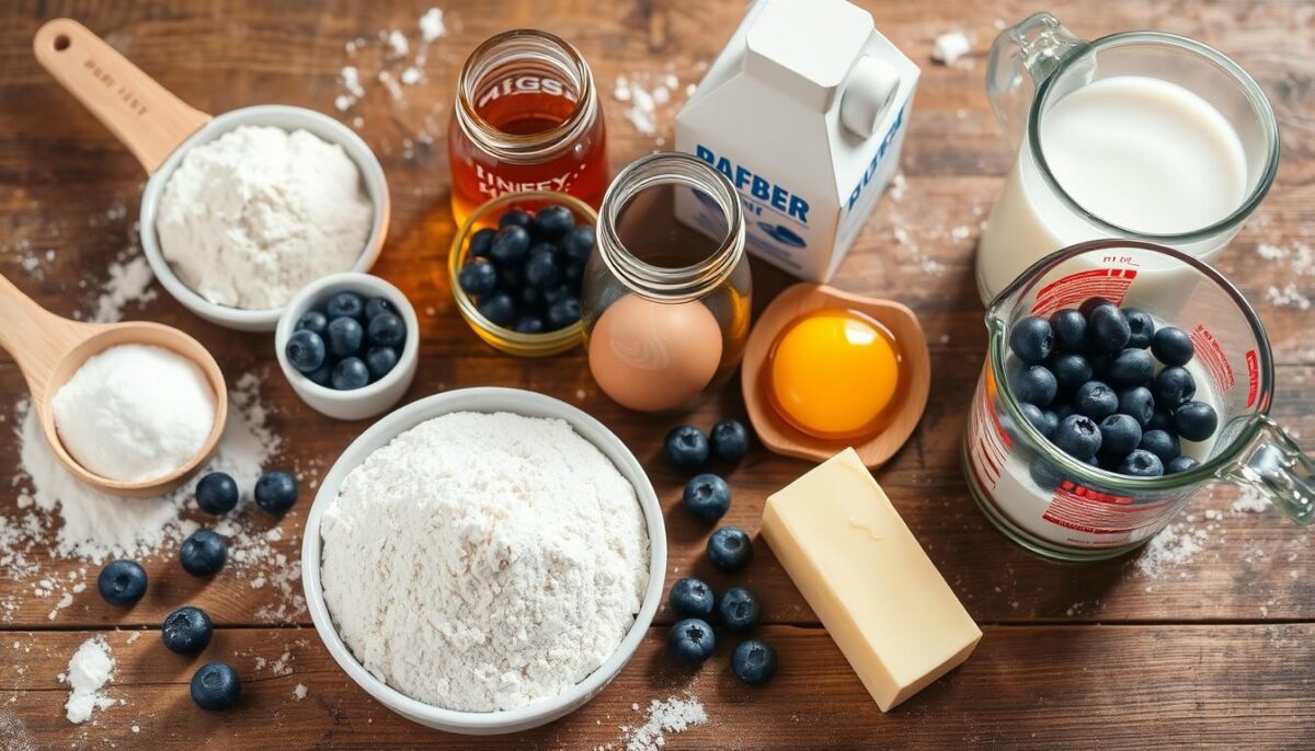 
"A collection of ingredients for sourdough blueberry muffins, including fresh blueberries, a jar of sourdough starter, flour, sugar, eggs, and a mixing bowl, arranged neatly on a rustic kitchen counter."