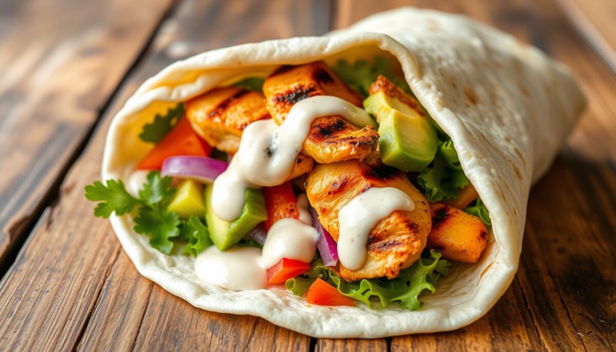 "A delicious grilled chicken wrap filled with fresh vegetables, sliced chicken, and a drizzle of sauce, wrapped in a whole wheat tortilla, perfect for a healthy and satisfying lunch."