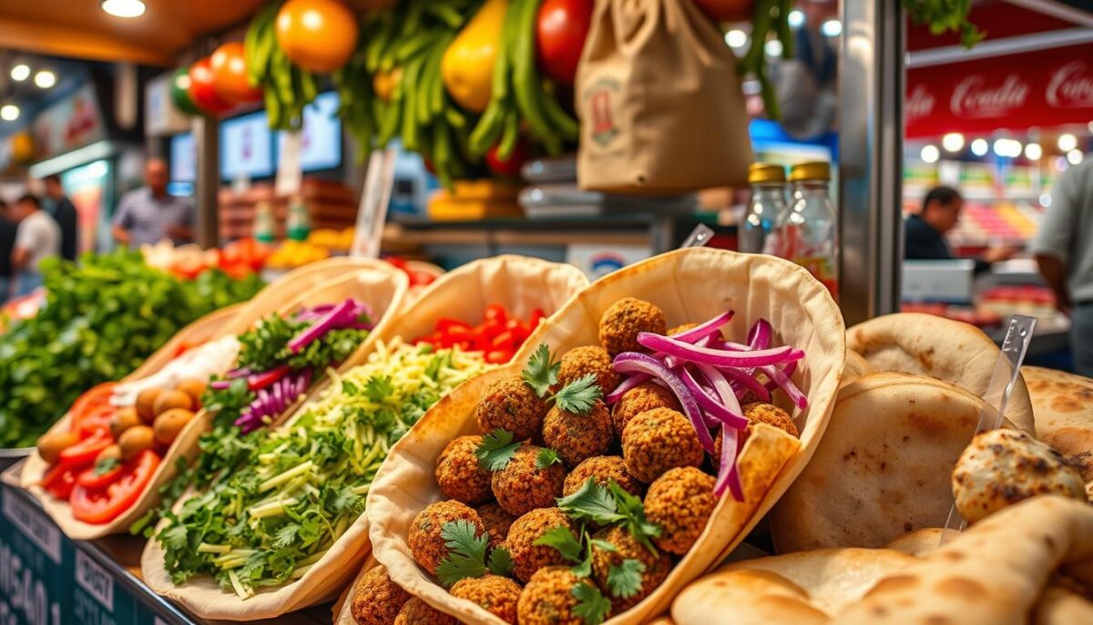 traditional souk market exhibiting falafel for sale with all the vegetables that go with, onion, tomato and pickles with pita bread