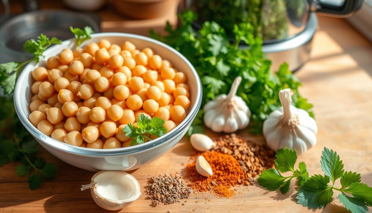   
"A colorful assortment of falafel ingredients, including chickpeas, fresh herbs (parsley and cilantro), garlic, and spices, arranged neatly on a kitchen counter. A bowl of prepared falafel mixture and a frying pan with sizzling falafel patties in the background, highlighting the process of making homemade falafel."