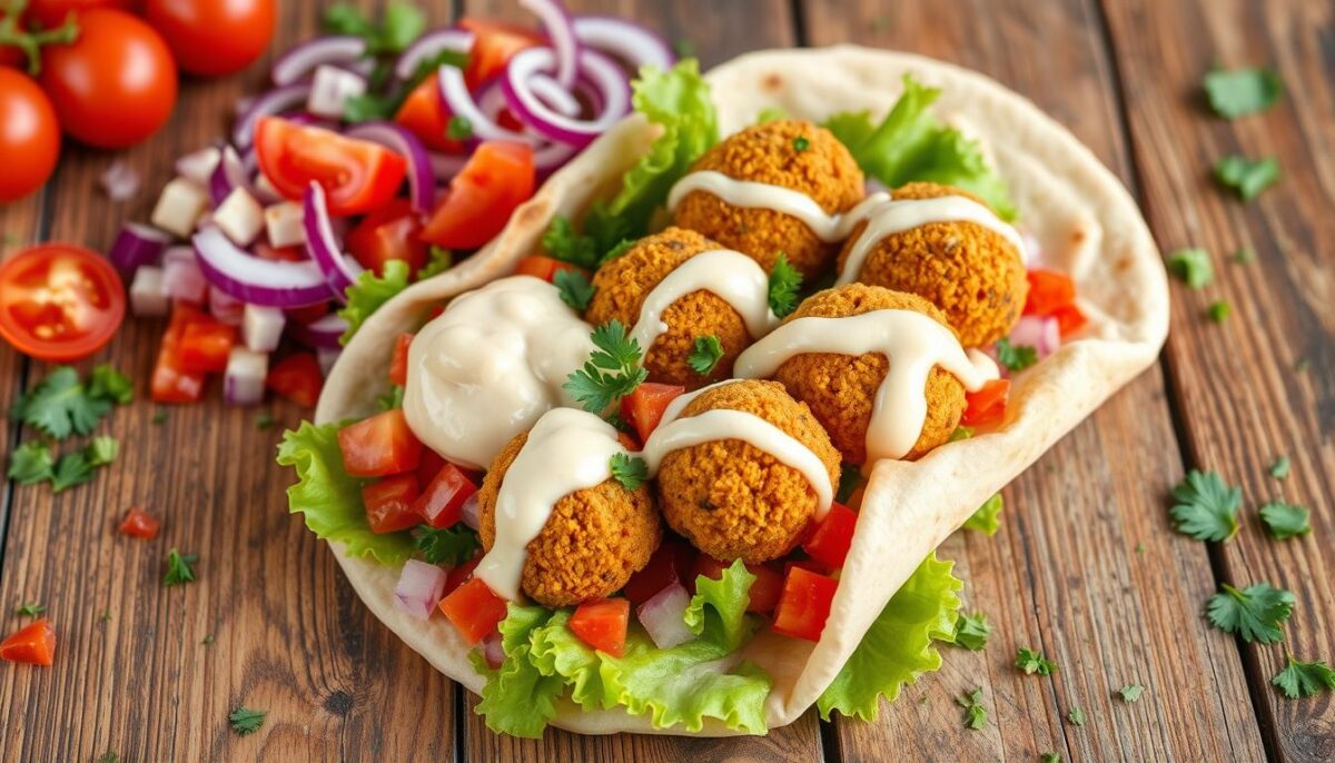 a mouth-watering picture of a falafel wrap made with pita bread and lettuce tomato and garlic sauce