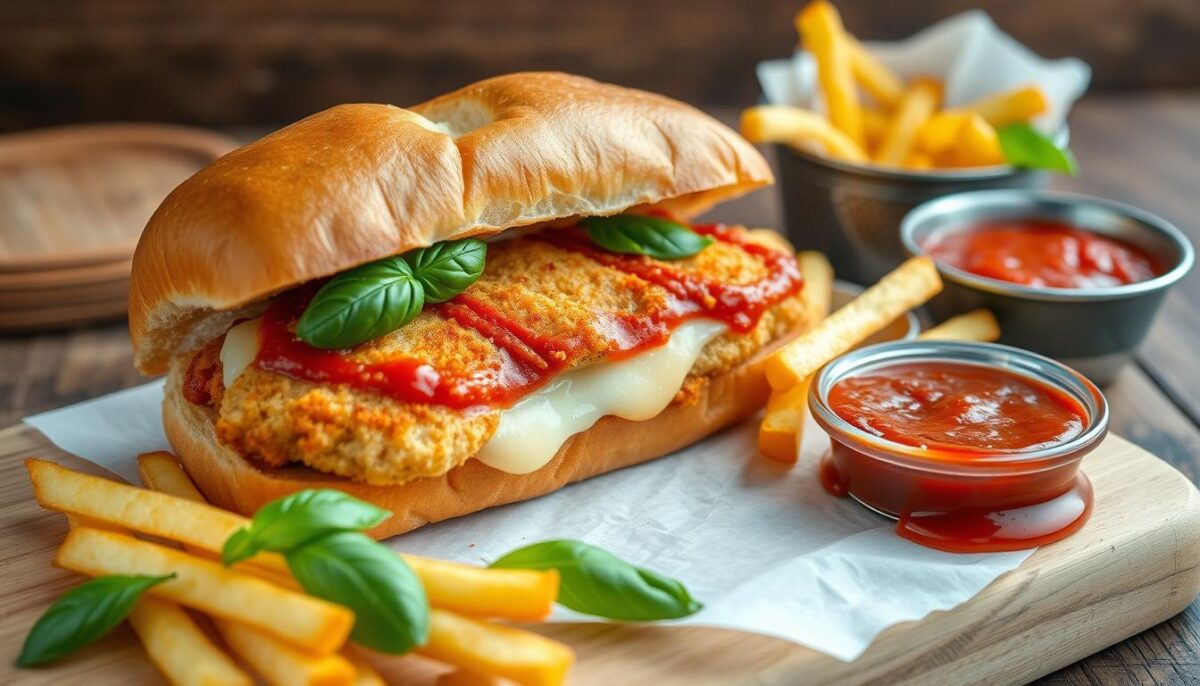 A close-up of a Chicken Parmesan Sandwich on a wooden board, featuring golden crispy chicken, melted mozzarella cheese, and rich marinara sauce on a toasted Italian roll, garnished with fresh basil leaves. Perfect for lunch or comfort food cravings.