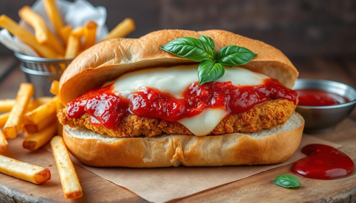 A close-up of a Chicken Parmesan Sandwich on a wooden board, featuring golden crispy chicken, melted mozzarella cheese, and rich marinara sauce on a toasted Italian roll, garnished with fresh basil leaves