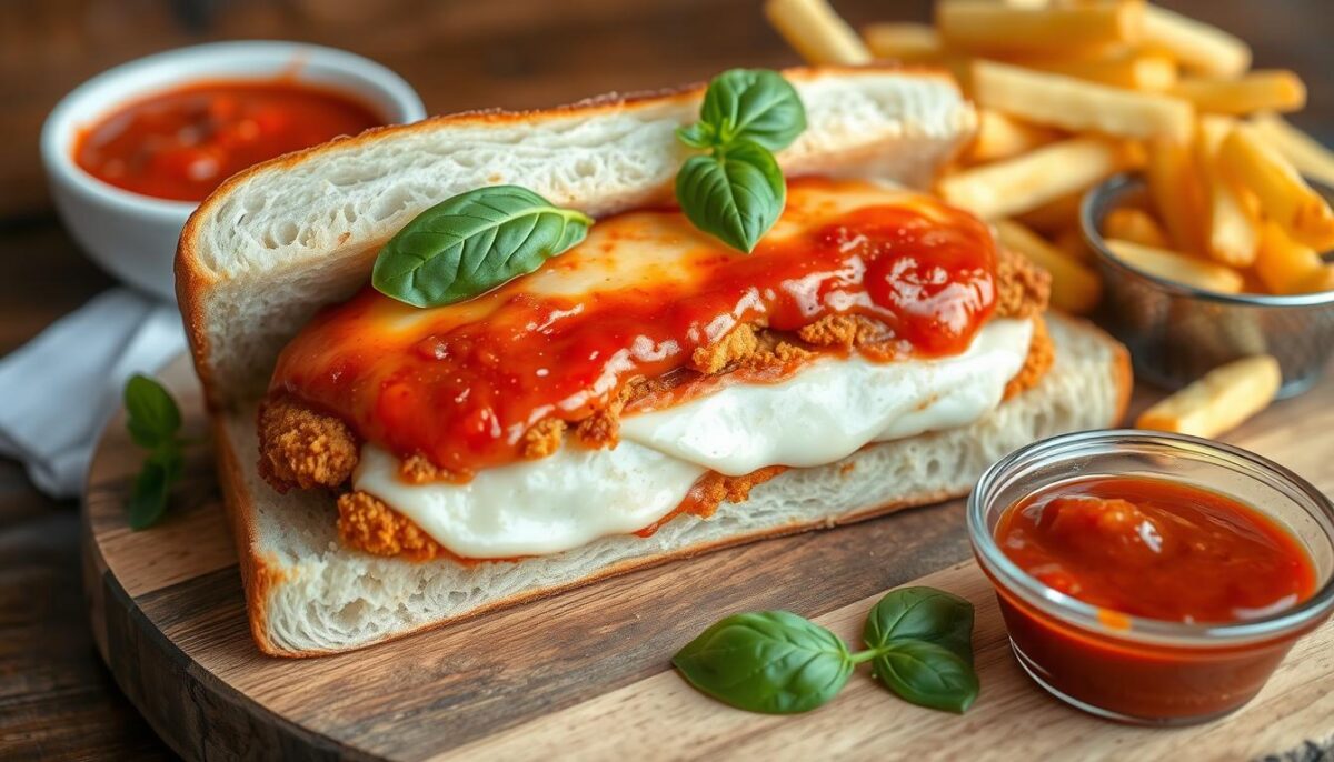 A crispy Chicken Parmesan Sandwich, showcasing layers of golden breaded chicken, gooey melted cheese, and tangy marinara sauce on a toasted roll, served with a side of fresh greens. A delicious Italian-American classic.