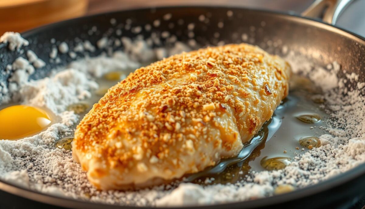 An image showing a boneless chicken breast on a frying pan, as the main component of the chicken parmesan sandwich