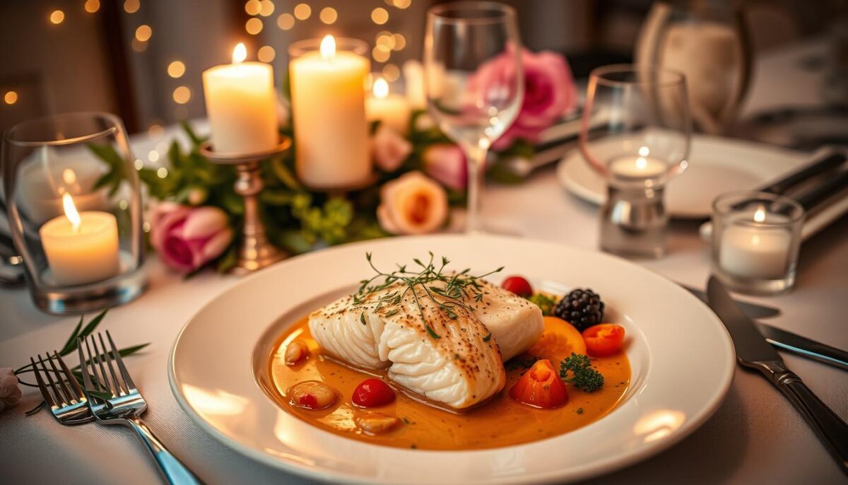 "A perfectly seared Marry Me Salmon fillet, garnished with fresh dill and parsley, served on a white plate with fruits and garlic herb quinoa. Set in a romantic ambiance with candlelight, and fresh flowers in the background."