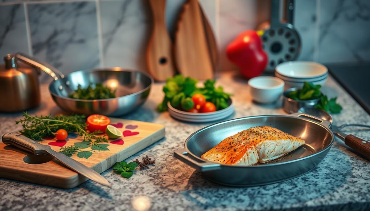   
"Fresh ingredients for Marry Me Salmon: raw salmon fillets, lemon slices, garlic cloves, dill, and parsley arranged on a marble countertop with rustic kitchen utensils."