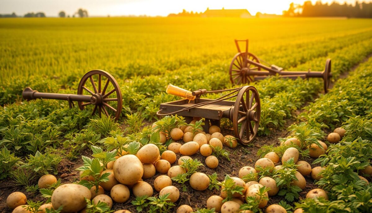 Image of Yukon gold potato just harvested in the field. we can see a vast green field on a sunny romantic countryside day.