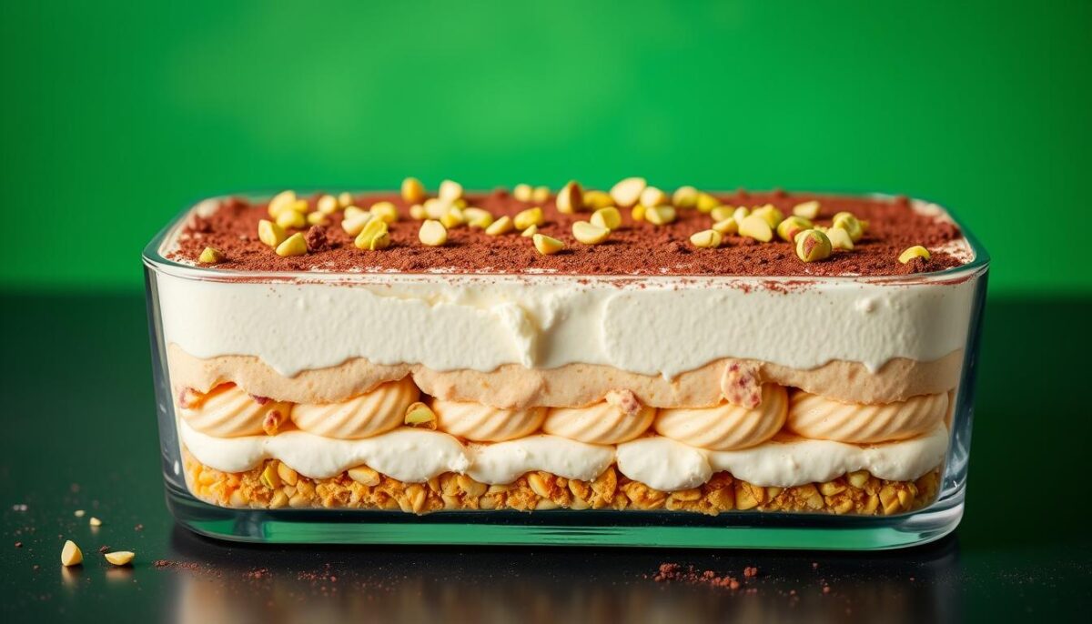 A creamy tiramisu with layers of mascarpone, coffee-soaked ladyfingers, and crushed pistachios, garnished with cocoa powder and pistachio pieces.