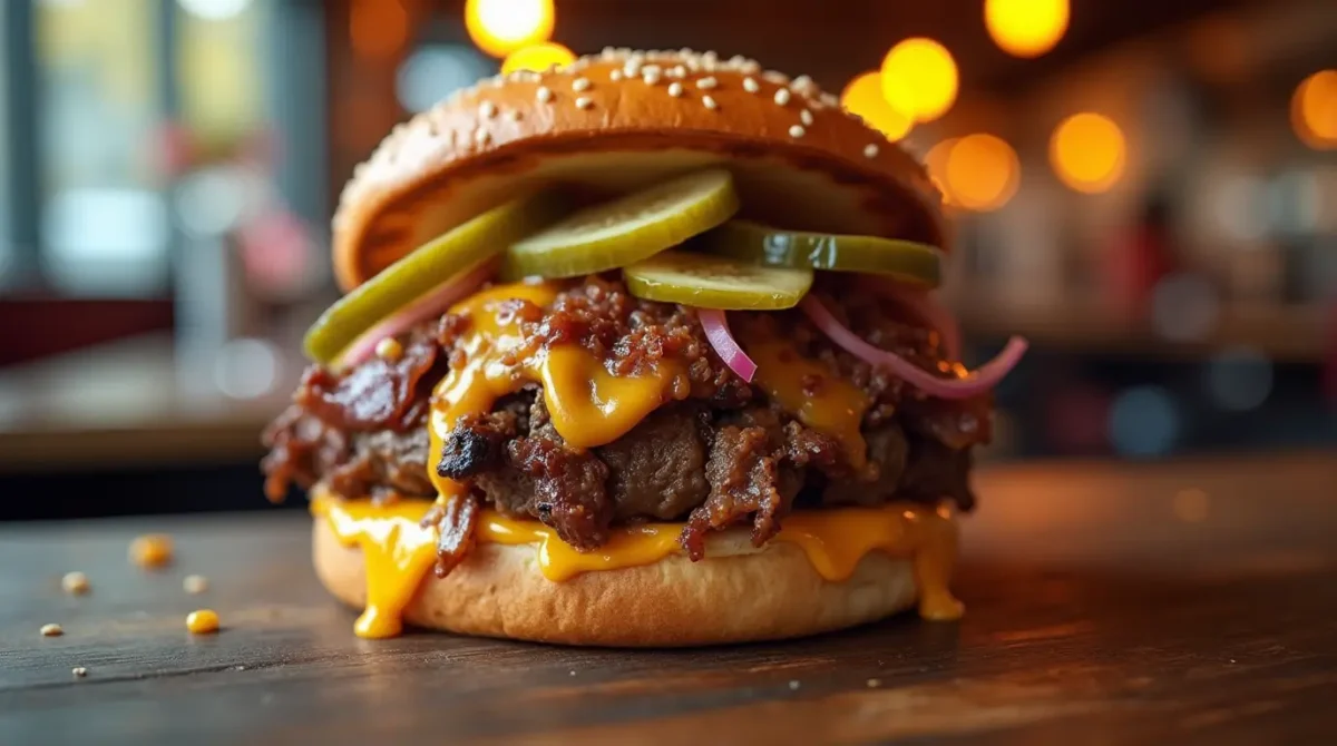 "A close-up of a juicy loose meat sandwich on a toasted bun, topped with melted cheese, pickles, and onions, served on a rustic wooden table. The background features a cozy diner setting with warm lighting, evoking a nostalgic, comforting vibe."