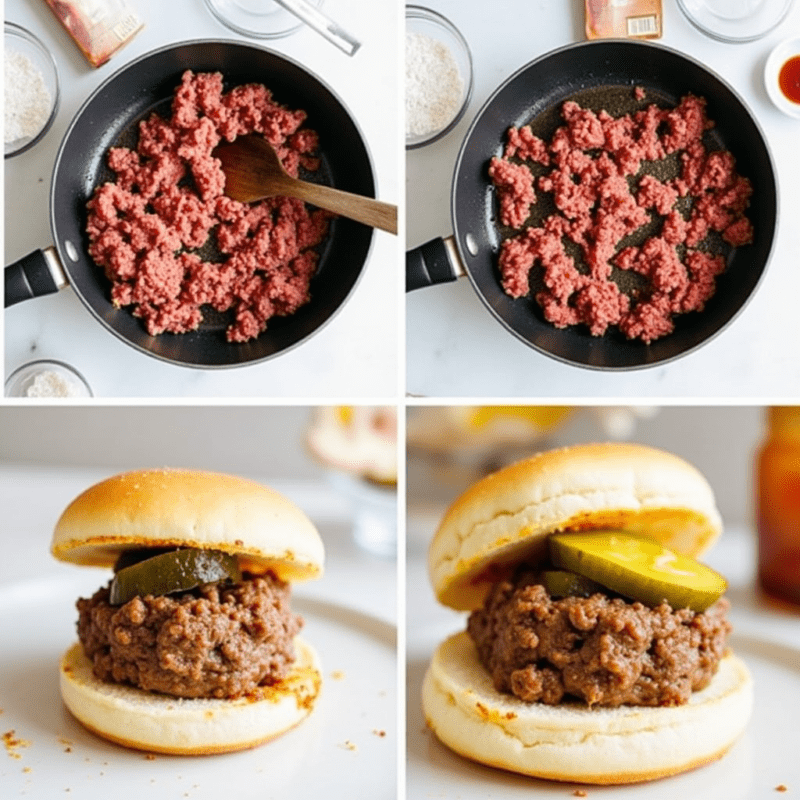 "Ground beef being cooked in a skillet for a loose meat sandwich, with buns and toppings ready for assembly in a modern kitchen."