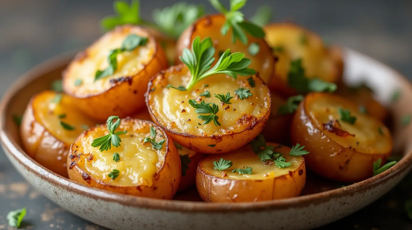 A dish of Yukon gold potatoes roasted to perfection in the oven and garnished with fresh herbs