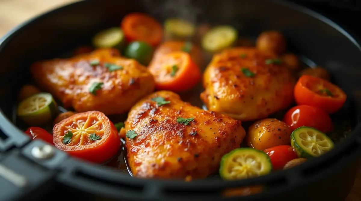 Air fryer chicken and veggies: A healthy and flavorful dish featuring golden-brown chicken breast pieces and a colorful mix of fresh vegetables like zucchini, and bell peppers, garnished with parsley and served on a rustic wooden table.