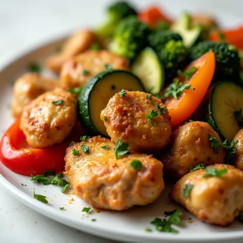 "Close-up of air fryer chicken and veggies: Crispy golden-brown chicken pieces paired with vibrant broccoli, zucchini, and bell peppers, garnished with fresh parsley and served on a white plate."