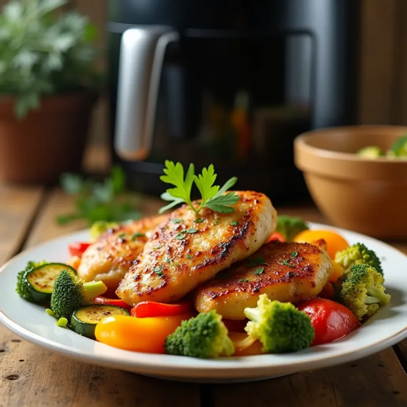 "Air fryer chicken and veggies: A healthy and flavorful dish with golden-brown chicken breast pieces and a colorful mix of fresh vegetables like broccoli, zucchini, and bell peppers, garnished with parsley and served on a rustic wooden table. Perfect for a quick, nutritious meal."