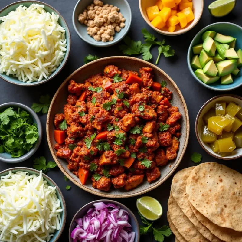 **"Top-down view of a DIY taco bar with bowls of colorful toppings, BBQ-pulled jackfruit, and warm tortillas, perfect for a festive taco night."**