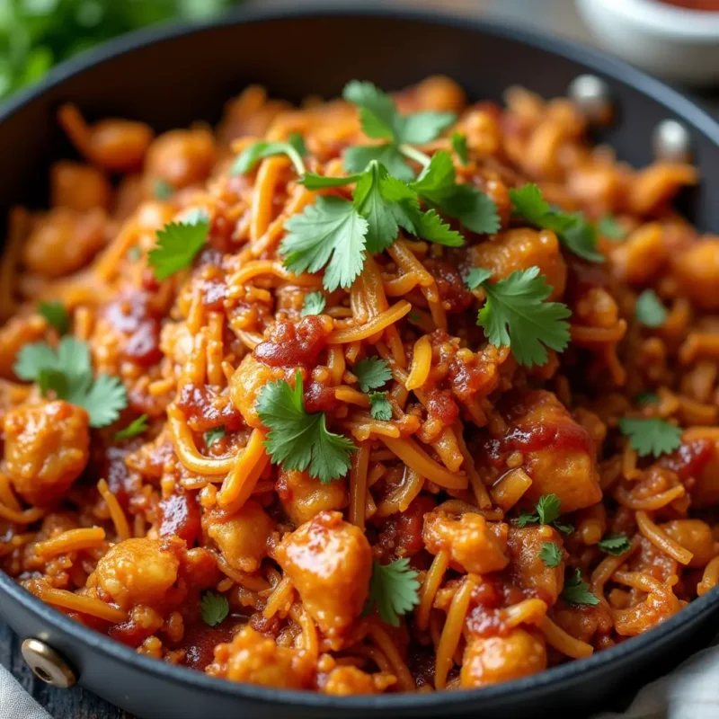 "Saucy BBQ pulled jackfruit in a skillet, garnished with fresh cilantro and a drizzle of smoky BBQ sauce, highlighting its shredded texture."