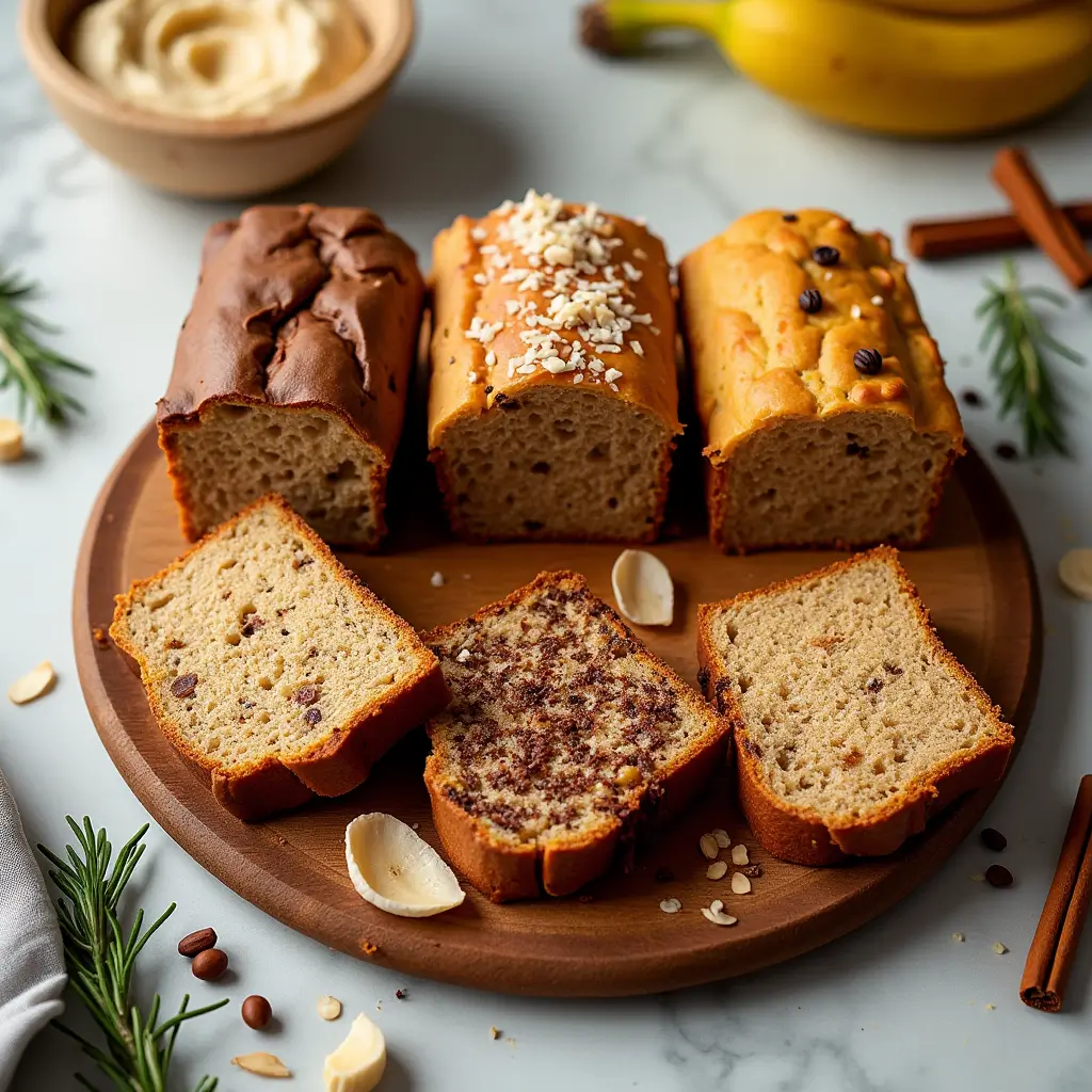 A flat-lay photo of five slices of reinvented banana bread on a rustic wooden board, each showcasing a unique twist: tropical coconut-and-pineapple, rich double chocolate, nutty almond butter swirl, warm chai-spiced, and savory olive oil with herbs. Garnishes like coconut flakes, chocolate drizzle, rosemary sprigs, and cinnamon sticks are arranged around the slices, along with fresh bananas and baking tools in the background