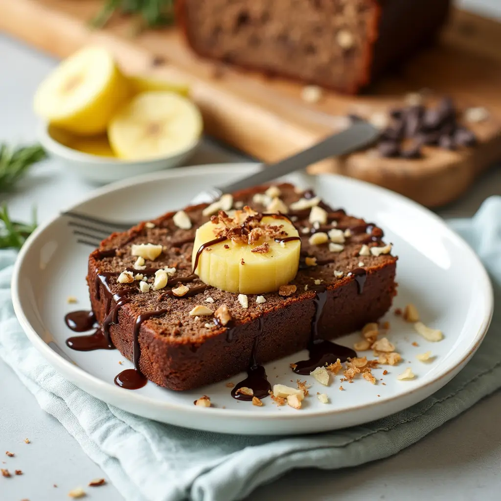 "A close-up shot of a slice of coconut-and-pineapple banana bread on a white plate, garnished with toasted coconut flakes and a small wedge of pineapple. The background includes a sprinkle of crushed pineapple and a few banana slices for context