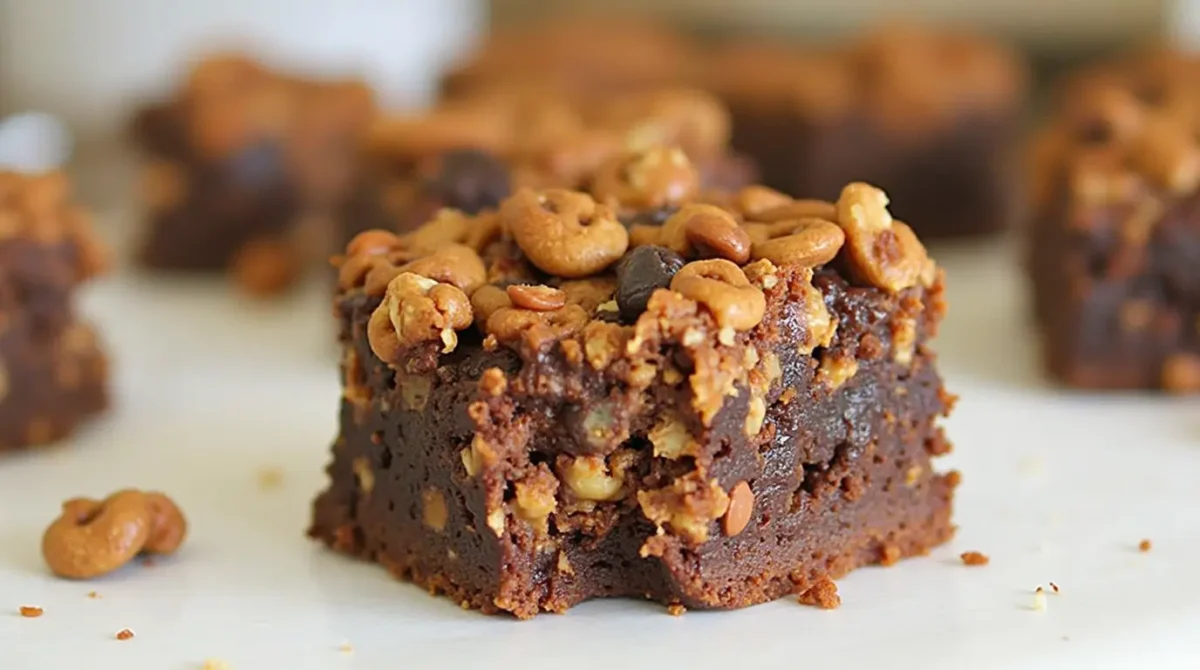 "Freshly baked brownie oatmeal in a white baking dish, topped with chocolate chips, served on a rustic wooden table."