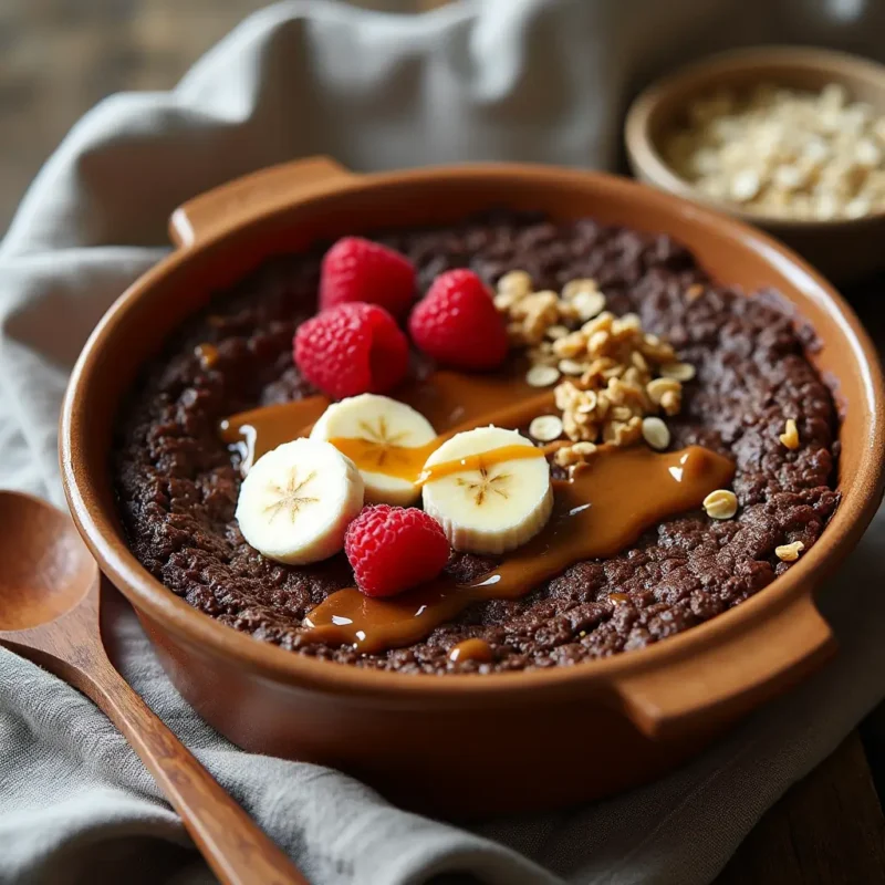 "A rustic ceramic dish filled with rich chocolate Brownie Baked Oatmeal, topped with fresh raspberries, sliced bananas, a drizzle of peanut butter, and crushed walnuts. A wooden spoon and bowl of rolled oats sit nearby on a wooden table with a linen napkin, showcasing a cozy, healthy breakfast."