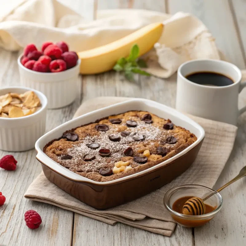 "A freshly baked Brownie Baked Oatmeal in a ceramic dish, with a golden-brown crackly top, chocolate chunks, and a sprinkle of powdered sugar. Garnished with fresh raspberries, sliced bananas, and a drizzle of peanut butter. A steaming cup of coffee and a jar of honey sit nearby on a rustic wooden table, creating a cozy breakfast scene."