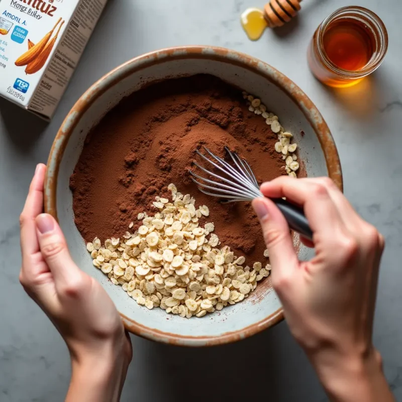 "Hands whisking oats, cocoa powder, mashed banana, and honey in a rustic bowl for Brownie Baked Oatmeal. Almond milk, cocoa jar, and honey drizzle are visible on a wooden counter, emphasizing natural ingredients for a healthy breakfast."