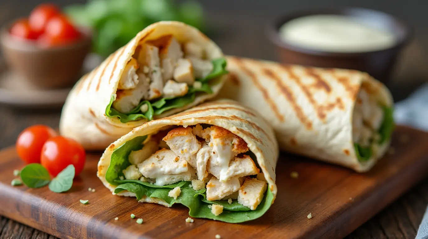 A delicious Chicken Caesar Wrap sliced in half, showcasing its fresh ingredients like grilled chicken, romaine lettuce, and creamy dressing, served on a rustic plate with extra toppings