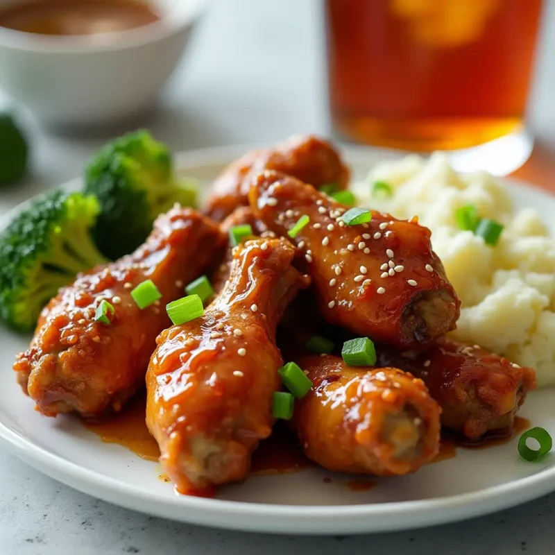 Golden-brown, crispy oven-baked chicken wings coated in a sticky honey garlic glaze, garnished with sesame seeds and green onions. Served alongside creamy roasted garlic mashed potatoes and fresh steamed broccoli on a white ceramic plate, with a glass of iced tea in the background. A beautifully styled dish perfect for any occasion