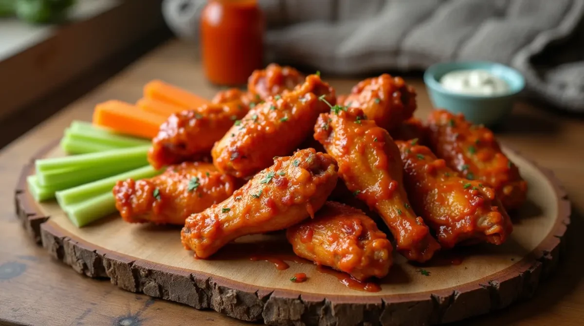 A platter of crispy oven-baked chicken wings coated in buffalo sauce, served with fresh celery sticks, carrot slices, and blue cheese dressing on a rustic wooden board. Perfect for game day or casual gatherings