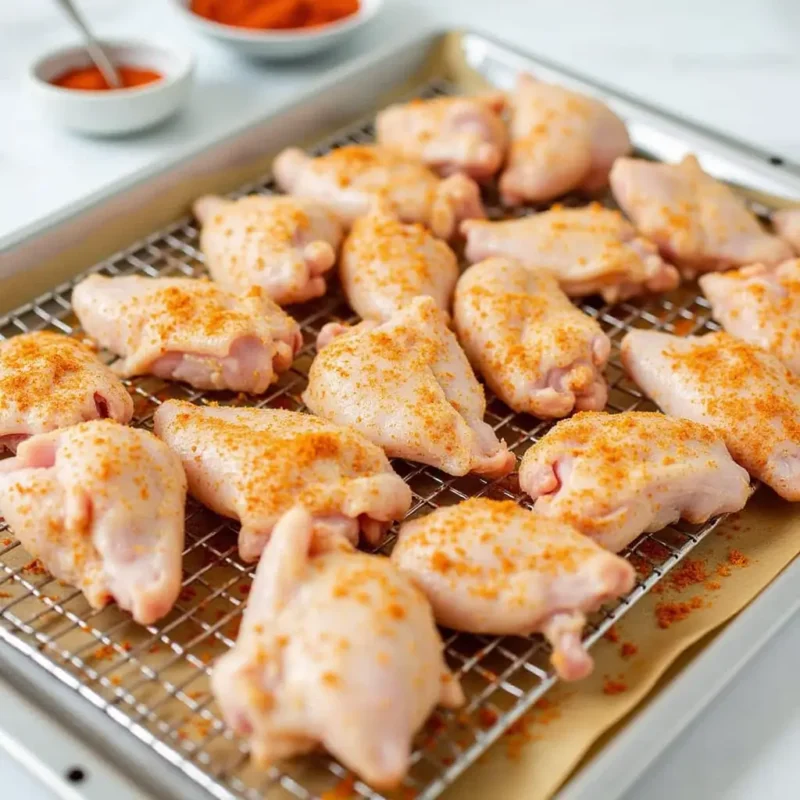 Raw chicken wings seasoned with a dry rub, arranged on a wire rack over a baking sheet. A bowl of baking powder and a shaker of paprika are nearby, showcasing the preparation process for crispy oven-baked wings