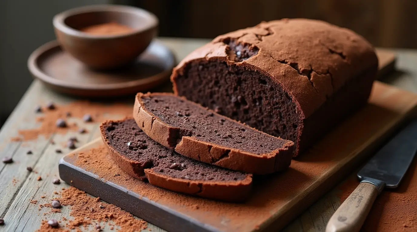 "Freshly baked chocolate sourdough bread on a rustic wooden table, sliced open to reveal a dark, chocolatey crumb with melty chocolate chunks. Dusted with cocoa powder and surrounded by cocoa nibs, a sourdough starter bowl, and a vintage bread knife.