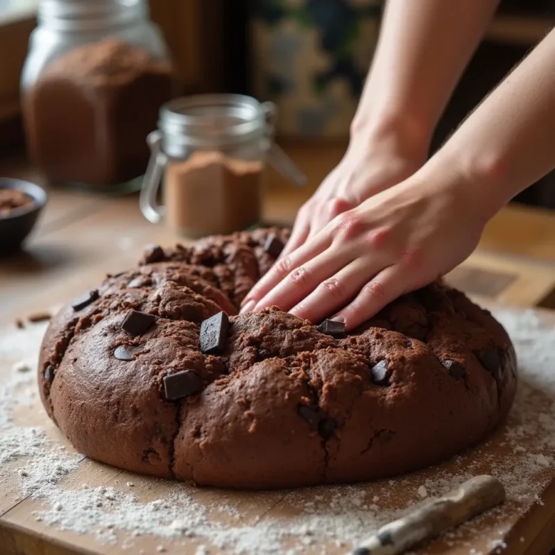 "Close-up of hands kneading chocolate sourdough dough, with dark chocolate chunks and cocoa powder visible. The dough rests on a floured wooden surface, with a jar of sourdough starter and cocoa nibs in the background."