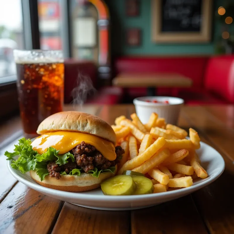 Close-up of a perfectly made Chopped Cheese sandwich on a rustic wooden table, bathed in soft natural light. The sandwich is cut diagonally, revealing layers of melted American cheese, seasoned ground beef, caramelized onions, crisp lettuce, and pickles. Steam rises from the warm ingredients, highlighting freshness. The sandwich is accompanied by golden crinkle-cut fries, a ramekin of spicy hot sauce, and a frosty glass of cola. A cozy diner setting with red leather booths and a retro jukebox is blurred in the background, evoking comfort food nostalgia