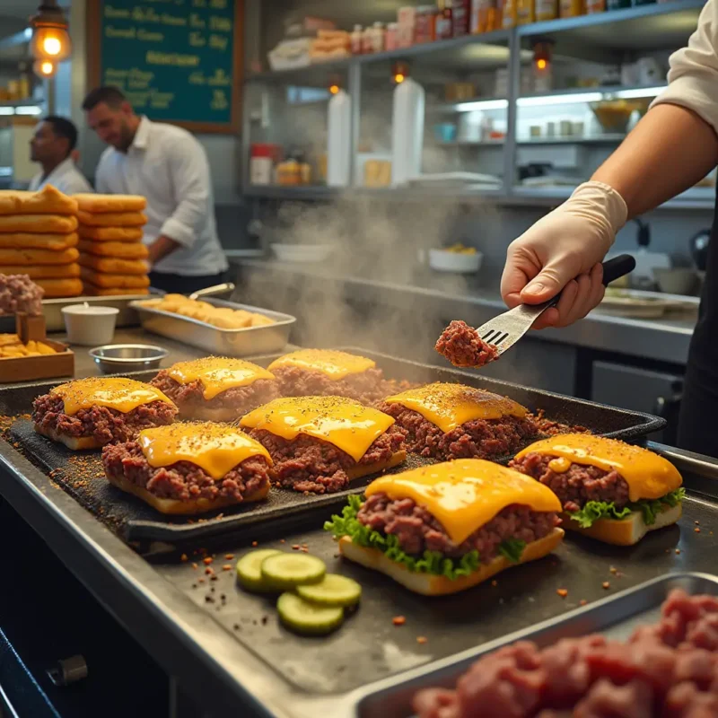 An image showing the preparation of a classic New York-style chopped cheese sandwich in a busy deli kitchen. A cook is seen chopping sizzling beef and onions on a griddle, while toasted hero rolls sit nearby. Melted American cheese drapes over the beef mixture, blending into it as steam rises. Fresh toppings like lettuce and pickles are visible on the counter, along with condiments like ketchup and hot sauce. The scene captures the vibrant energy of street food culture, with shelves stocked with ingredients and a chalkboard menu listing the sandwich price. Customers wait outside the shop window, adding to the lively atmosphere