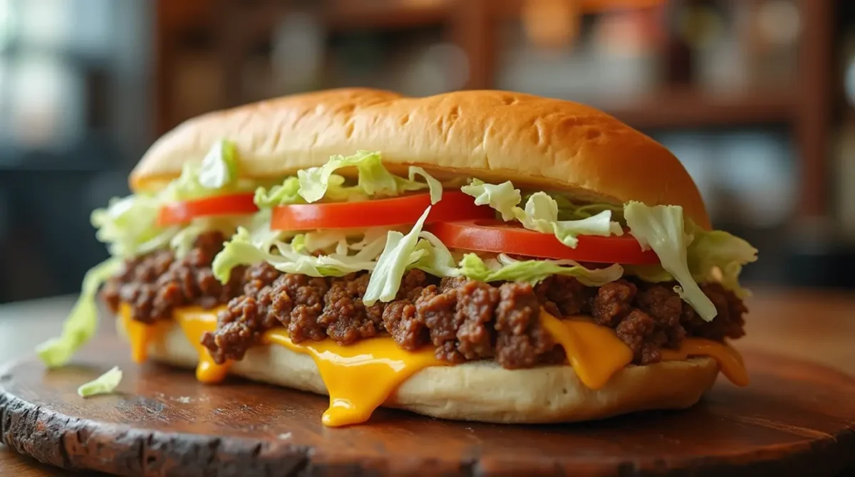 Close-up of a Chopped Cheese sandwich with ground beef, melted American cheese, shredded lettuce, and sliced tomatoes on a toasted hoagie roll, set against a blurred background of a New York City bodega