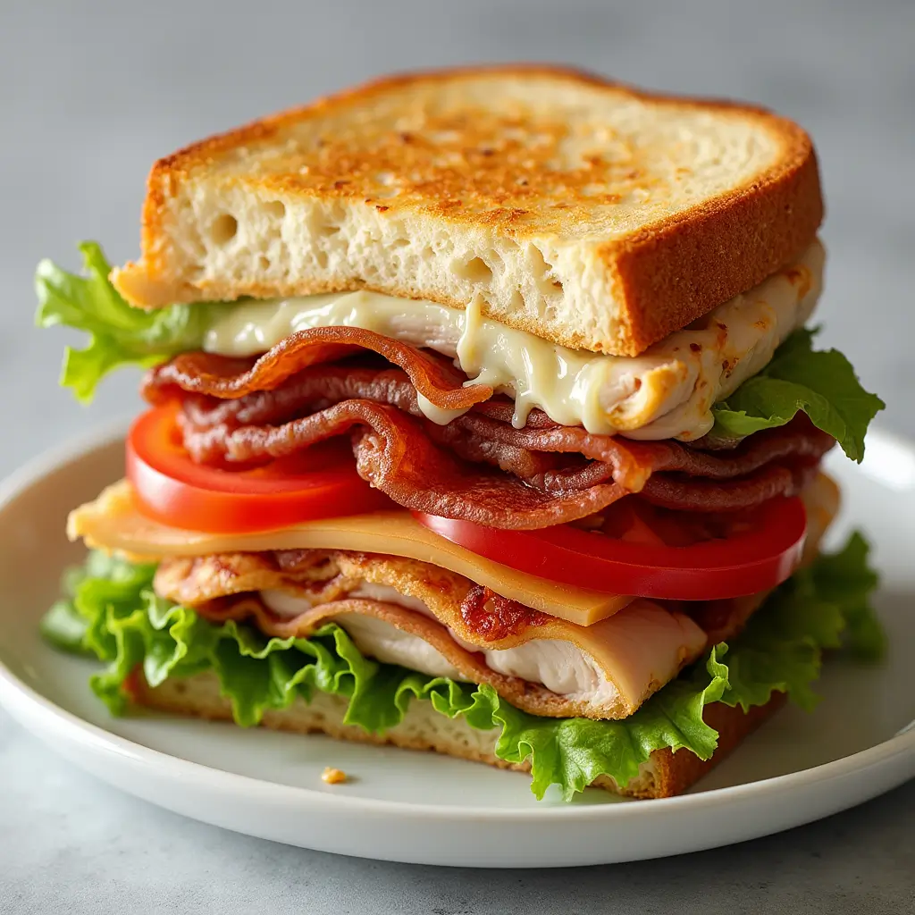 "Close-up of a Classic Club Sandwich with layers of roasted turkey, crispy bacon, fresh lettuce, and tomatoes on toasted bread, lightly drizzled with mayonnaise, presented on a white plate."