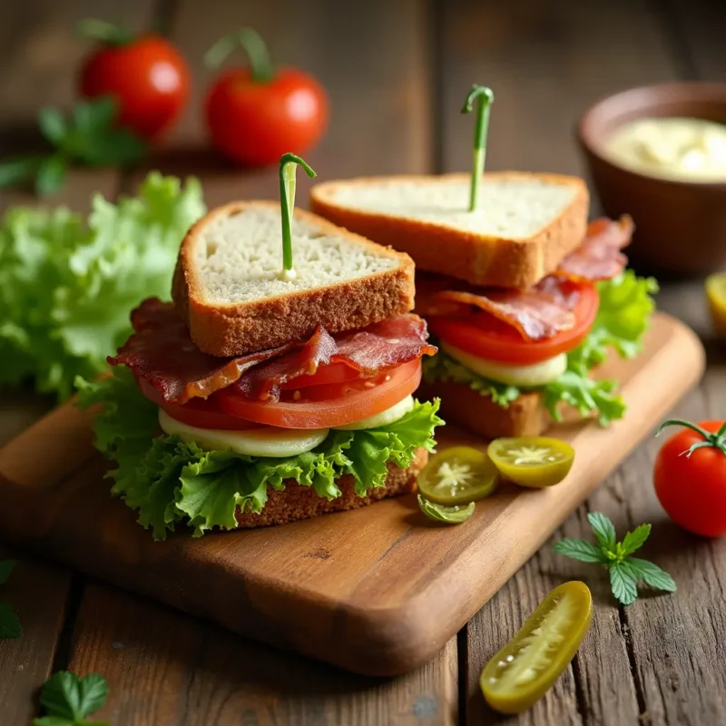 "Classic Club Sandwich on a wooden cutting board, surrounded by fresh lettuce, tomato slices, crispy bacon, a bowl of mayonnaise, and pickle spears, styled in a cozy, homemade setting with natural lighting."