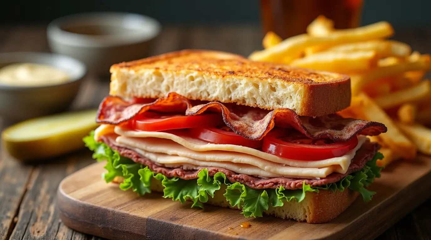 "Classic Club Sandwich with layers of roasted turkey, crispy bacon, fresh lettuce, and tomatoes on toasted bread, served with crispy fries and a pickle spear on a rustic wooden table."