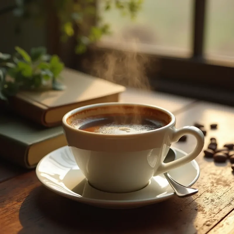 an image of a cup of black coffee in a rustic table with a shining environment, giving a warmth and energy to the picture.