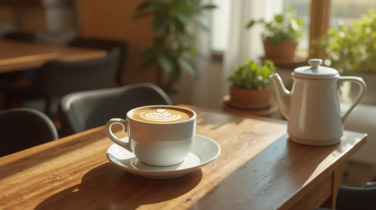 A well-decorated coffee on a rustic table in a sunny morning, suggesting the coffee ritual.