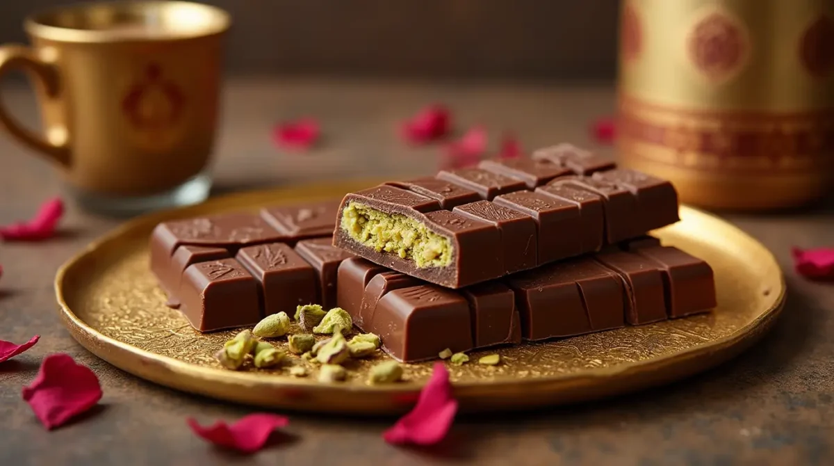 "Close-up of Dubai Chocolate Bar’s signature pistachio-chocolate bar, featuring rich Belgian chocolate and crunchy Arabian pistachios, placed on a gold plate with Middle Eastern-inspired patterns, rose petals, and a cup of coffee in the background."