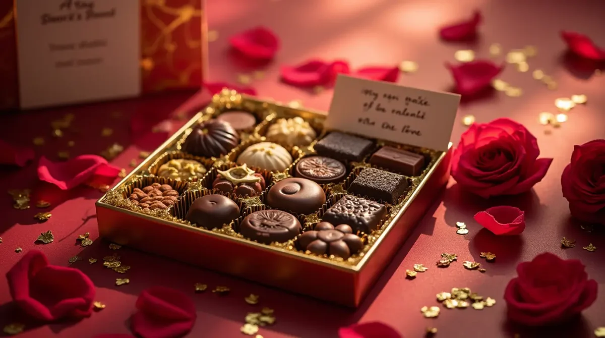 "Elegant gift box from Dubai Chocolate Bar, filled with assorted chocolates including pistachio-chocolate bars, dark chocolate with cardamom, and milk chocolate with orange blossom, surrounded by rose petals, gold accents, and a handwritten note reading 'From Dubai with Love.'"