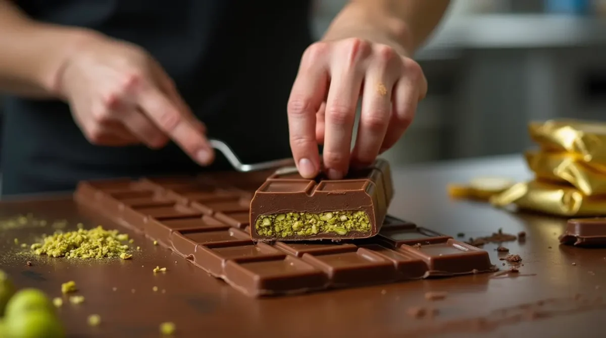 "Chocolatiers at Dubai Chocolate Bar handcrafting pistachio-chocolate bars, showcasing melted Belgian chocolate, fresh Arabian pistachios, and gold foil wrappers in a modern kitchen."