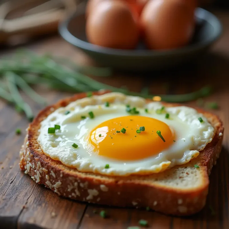 "A close-up of a sunny-side-up egg with a golden, runny yolk on whole-grain toast, garnished with fresh chives. The background shows a rustic kitchen counter with a bowl of eggs and a whisk, evoking a warm and inviting cooking scene."