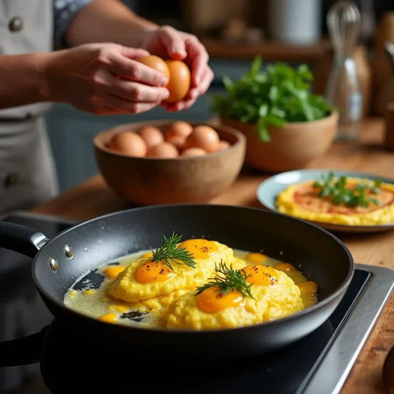 "A chef's hands cracking fresh eggs into a mixing bowl, with a whisk and beaten eggs nearby. In the foreground, a pan sizzles with fluffy scrambled eggs, while a plate with a finished omelette and fresh herbs sits ready to serve. Warm lighting and a rustic kitchen backdrop create a welcoming cooking scene."