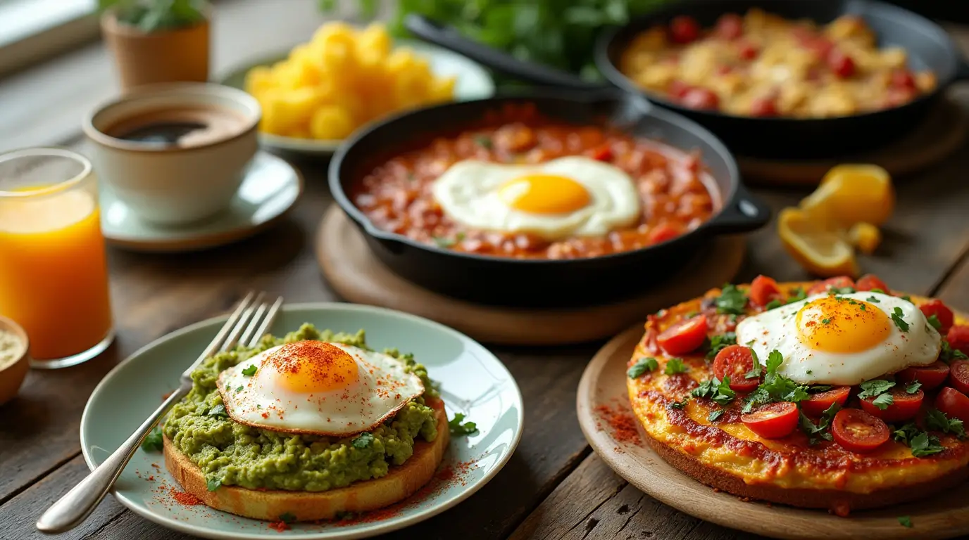 "A variety of delicious egg dishes, including scrambled eggs, shakshuka, avocado toast with poached eggs, and a vegetable frittata, beautifully arranged on a rustic wooden table. Fresh herbs and warm lighting enhance the vibrant colors and textures of the meals."